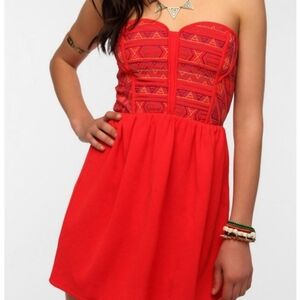 Staring at Stars Red Embriodered Geometric Aztec Strapless Dress Summer